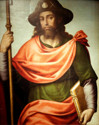 St. James the Pilgrim by Juan de Juanes. Notice the clam shell. The body of St. James is supposedly in Santiago de Compostela, and pilgrims along the Camino traditionally have worn a clam shell.