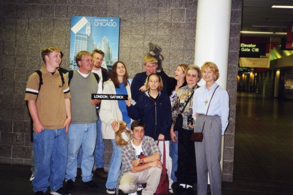 At the airport. I'm holding my bunny Frank (you might recognize him from my Hurricane Katrina evacuation story). My cousin Amy is assaulting our friend Brandon with a teddy bear. Mrs. Cutler is on the far right of the picture. 