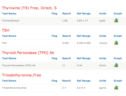 Today's test results. Notice the TSH reading - down from 5.17 to 3.25. 